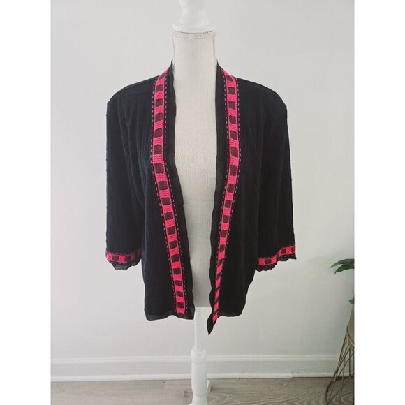 Ming Wang Open Front Knit Ribbon Black Pink Cardigan Sweater L Petite PL - Picture 1 of 9